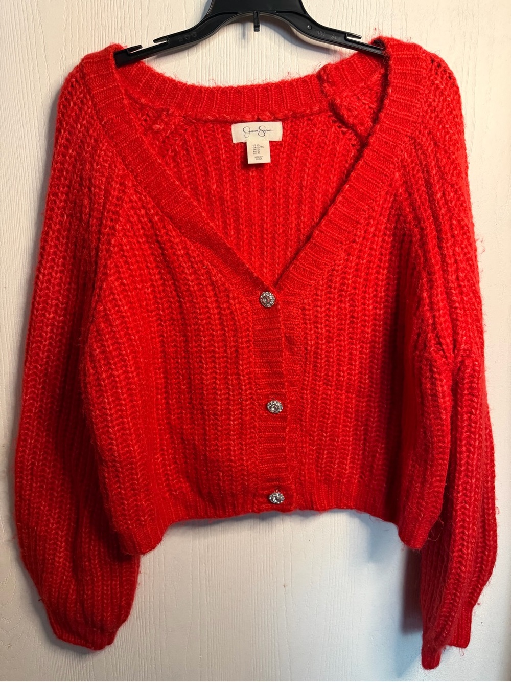Jessica Simpson Red Chunky V-Neck Cropped Cardigan